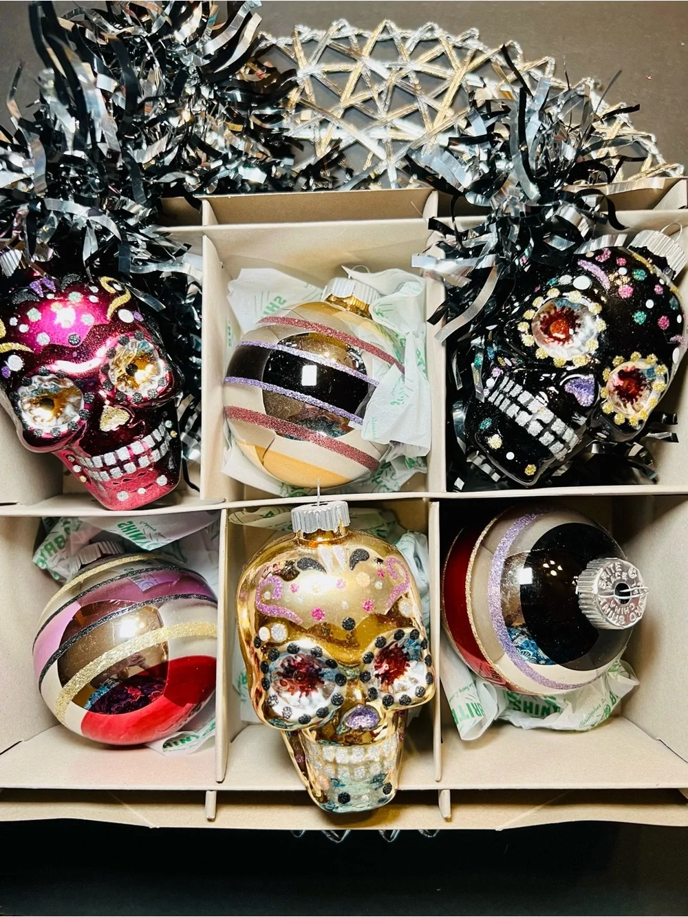 Set of 6 Radko Halloween Glass Skulls & Ball Ornaments Day of Dead Gothic Tree